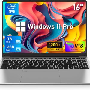 16 Inch Laptop Computer 2025, Gaming Laptop, 16GB RAM 1TB SSD, N95 Processor, FHD 1920 * 1200, 180° Open, Backlit Keyboard, Windows 11 Pro, Fingerprint Unlock, UHD Graphics 750 MHz, Student