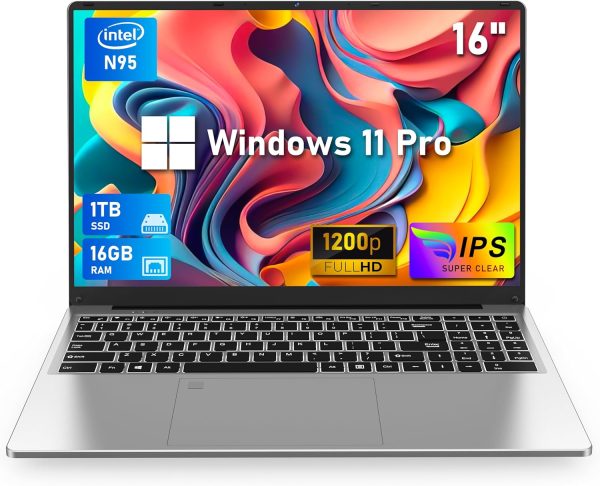 16 Inch Laptop Computer 2025, Gaming Laptop, 16GB RAM 1TB SSD, N95 Processor, FHD 1920 * 1200, 180° Open, Backlit Keyboard, Windows 11 Pro, Fingerprint Unlock, UHD Graphics 750 MHz, Student