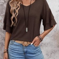 Womens Top Ruffle Sleeve Blouses V Neck T Shirts Casual Outfit Bell Sleeve Tee Spring Fall Summer Fashion Clothes Cute Tunic - Image 4