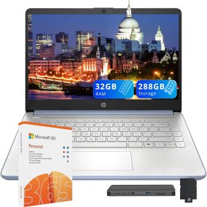 HP Flagship 14" HD Student&Business Laptop, Intel N150 CPU(Beats i3-1115G4), 32GB RAM, 288GB Storage (128GB UFS + 160GB Docking Set), W/1 Year Office 365&AI-Copilot, Webcam, Bluetooth, Win 11s, Blue