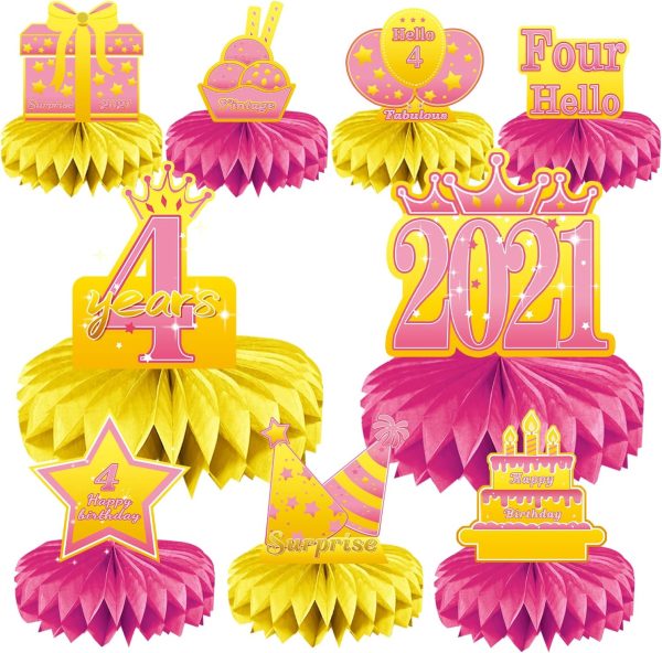 4th Birthday Decorations Set, 2021 Table Toppers for Girls Birthday Party Supplies, Happy 4 Year Old Table Decoration for Daughter, 9Pcs Pink & Gold Honeycomb Centerpieces