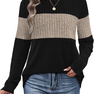 WIHOLL Womens Sweaters Color Block Tops Long Sleeve Shirts Tunic Tops Fall Outfits Fashion 2025 Winter Clothing