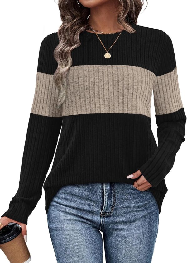 WIHOLL Womens Sweaters Color Block Tops Long Sleeve Shirts Tunic Tops Fall Outfits Fashion 2025 Winter Clothing