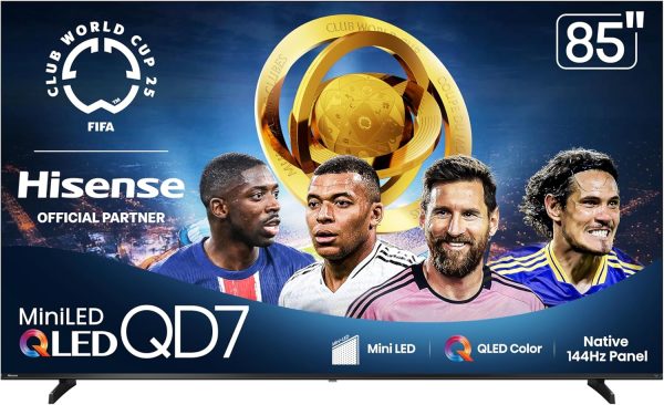Hisense 85" Class QD7 Series Mini-LED 4K UHD Smart Fire TV (85QD7QF, 2025 Model) - QLED, Native 144hz, HDR10+, Dolby Vision, Dolby Atmos, Game Mode Pro, ALLM, Alexa Built in with Voice Remote, Black