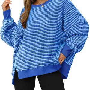 Fisoew Women's Fall Oversized Sweatshirt Casual Waffle Knit Long Sleeve Crewneck Split Pullover Tunic Tops