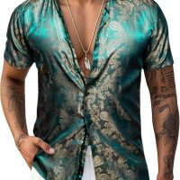 Men's Silk Shirt Paisley Floral Jacquard Short Sleeve Button Down Dress Shirts Formal Casual Wedding Party - Image 3