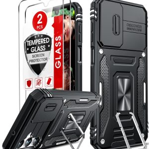 LeYi Compatible for Samsung Galaxy A14-5G Phone Case: Galaxy A14 Case with [2 Pack] Tempered Glass Screen Protectors, Magnetic Stand & Slide Camera Cover Funda para A 14 5G Android Cell, Black