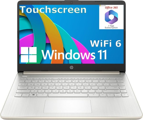 HP Touchscreen Laptop Computer for Home Student Study, 1-Year Office, 4GB DDR4 RAM, 64GB eMMC, Intel Processor, 14 inch, WiFi 6, Bluetooth, Windows 11 Home S, Pale Gold