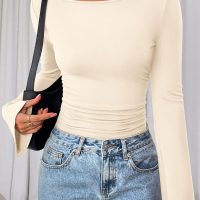 PRETTYGARDEN Women's Long Sleeve Shirts 2025 Fall Crop Going Out Tops Casual Boat Neck Bell Sleeve Ribbed Ruched Y2K Clothes - Image 4