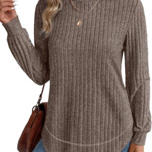 OFEEFAN Tunic Tops for Women Loose Fit Dressy Long Sleeve Shirts Womens Sweaters Crew Neck Fall Clothing with Curved Hem
