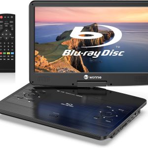 WONNIE 16.9" Portable Blu Ray Player with 14.1" 1080P Full HD Large Swivel Screen, Blu-ray DVD Player with HDMI Out & AV in, 4-5 Hours Rechargeable Battery, Support MP4, MKV Video & USB/SD Card