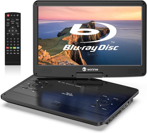WONNIE 16.9" Portable Blu Ray Player with 14.1" 1080P Full HD Large Swivel Screen, Blu-ray DVD Player with HDMI Out & AV in, 4-5 Hours Rechargeable Battery, Support MP4, MKV Video & USB/SD Card