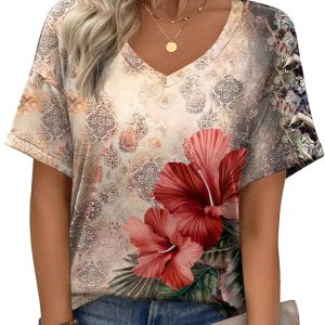 Zeagoo Womens Summer Tops Short Sleeve Casual Shirts Floral Tee Trendy 2025 Basics V Neck Plain Tshirt