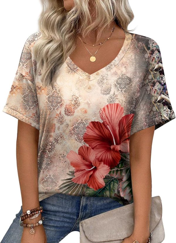 Zeagoo Womens Summer Tops Short Sleeve Casual Shirts Floral Tee Trendy 2025 Basics V Neck Plain Tshirt