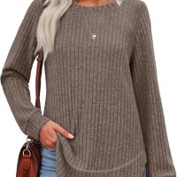 OFEEFAN Tunic Tops for Women Loose Fit Dressy Long Sleeve Shirts Womens Sweaters Crew Neck Fall Clothing with Curved Hem - Image 2