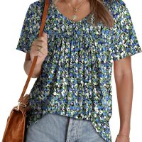WEESO Womens T Shirts Short Sleeve Pleated Dressy Casual V Neck Summer Tops Blouses - Image 2