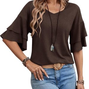 Womens Top Ruffle Sleeve Blouses V Neck T Shirts Casual Outfit Bell Sleeve Tee Spring Fall Summer Fashion Clothes Cute Tunic