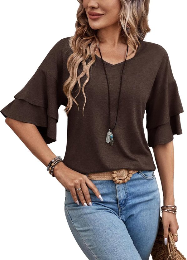 Womens Top Ruffle Sleeve Blouses V Neck T Shirts Casual Outfit Bell Sleeve Tee Spring Fall Summer Fashion Clothes Cute Tunic