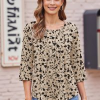 Zeagoo 3/4 Length Sleeve Womens Tops Round Neck Casual Summer Tunic Tops Basic Tees Blouses Dressy T-Shirts Pleated Shirts - Image 4