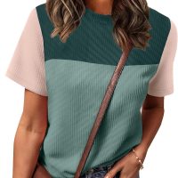 WIHOLL Womens Fashion 2025 Color Block Shirts Short Sleeve Crewneck Knitted Spring Summer Tops Casual Trendy - Image 3