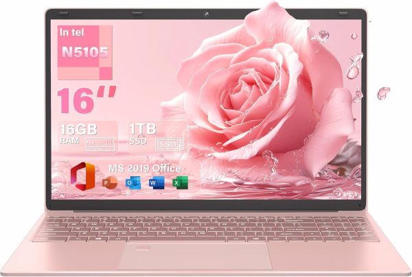 16" Rose Gold Laptop, Celeron N5105 CPU, DDR4 16GB RAM 1T SSD, FHD IPS Display, Backlit KB，Fingerprint Unlock, USB 3.0, HDMI, WiFi/BT, Perfect for Work, Study and Play! (Rose Gold,1TB SSD)