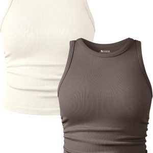 OQQ Women's 2 Piece Tank Tops Crew Neck Sleeveless Basic Stretch Casusal Yoga Crop Camis