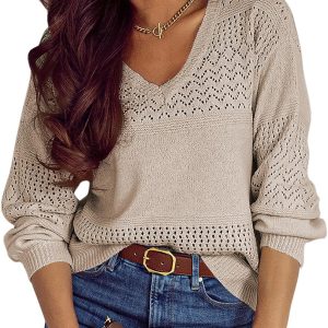 SHEWIN Women's Sweaters Casual Long Sleeve V Neck Lightweight Crochet Pullover Sweater Tops