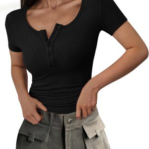PRETTYGARDEN Women's 2025 Fall Summer Short Sleeve Tops Ribbed Henley Button Slim Fit Basic Casual T Shirts Blouse Clothing