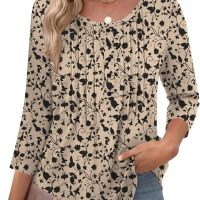 Zeagoo 3/4 Length Sleeve Womens Tops Round Neck Casual Summer Tunic Tops Basic Tees Blouses Dressy T-Shirts Pleated Shirts - Image 2