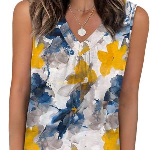 OFEEFAN Tank Top for Women Loose Fit Sleeveless Shirts V Neck Summer Clothes Ruched Women's Tees and Tanks Curved Hem