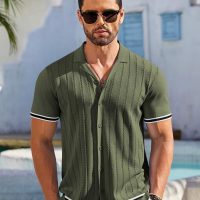 COOFANDY Men's Short Sleeve Knit Shirt Casual Button Down Shirt Vintage Striped Knitted Golf Beach Tops - Image 3