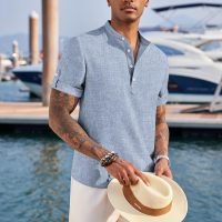 COOFANDY Men's Casual Henley Shirt Short Sleeve Band Collar Linen Shirt Summer Beach Hippie T-Shirts - Image 4