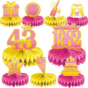43rd Birthday Decorations Set, 1982 Table Toppers for Women Birthday Party Supplies, Happy 43 Year Old Table Decoration for Her, 9Pcs Pink & Gold Honeycomb Centerpieces
