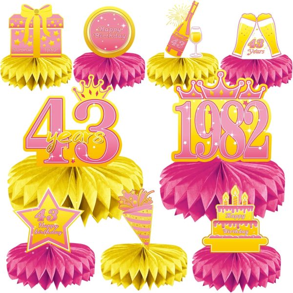 43rd Birthday Decorations Set, 1982 Table Toppers for Women Birthday Party Supplies, Happy 43 Year Old Table Decoration for Her, 9Pcs Pink & Gold Honeycomb Centerpieces