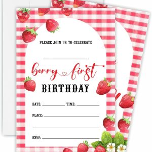 15 PCs Strawberry Birthday Invitation - Berry First - 1 Year Old Invitations With 15 Matching White Envelopes, Birthday Party Favors Decorations Supplies-OL-A03