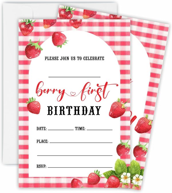 15 PCs Strawberry Birthday Invitation - Berry First - 1 Year Old Invitations With 15 Matching White Envelopes, Birthday Party Favors Decorations Supplies-OL-A03