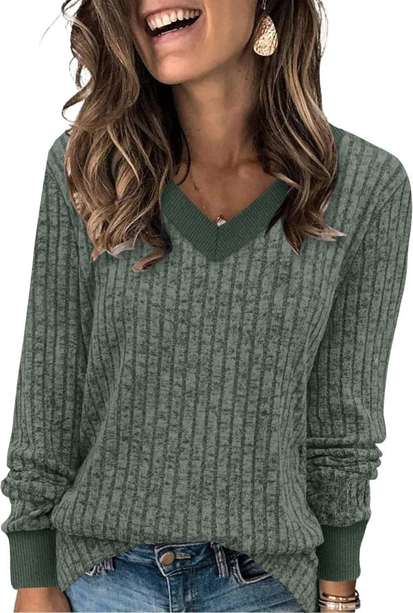 SAMPEEL Women's V Neck Color Block Long Sleeve Shirts–Casual Fall Tops, Lightweight Tunic Sweaters Fashion Outfits 2025