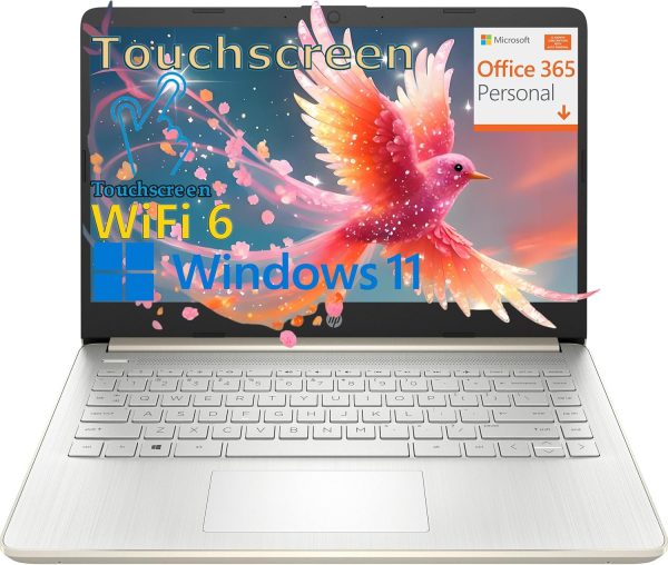 HP Touchscreen Laptop Computer for Home Student Study, 1-Year Office 365, Intel Processor, 14 inch Display, WiFi 6, Bluetooth, Pale Gold, Windows 11 Home S (16GB RAM, 512GB PCIe SSD)