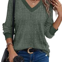 SAMPEEL Women's V Neck Color Block Long Sleeve Shirts–Casual Fall Tops, Lightweight Tunic Sweaters Fashion Outfits 2025 - Image 2