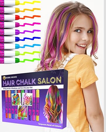 Hair chalk product set featuring multiple colorful chalk applicators in various bright shades, displayed with packaging showing temporary hair coloring effects.