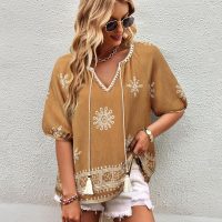 Vivilli Womens Summer Boho Tops Casual V Neck Short Sleeve Blouses Floral Print Shirt Tie Front Flowy Vacation Clothes - Image 5