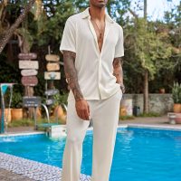 COOFANDY Men's 2 Piece Outfit Casual Short Sleeve Button Down Shirt Beach Summer Loose Pant Sets - Image 2