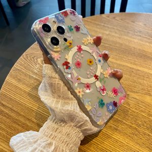 Clear Flower Case for iPhone 15 6.1", Shockproof Protection, Magnetic Wireless, Compatible with MagSafe, Floral Design Transparent Phone Cover, Colourful