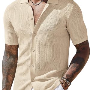 COOFANDY Men's Short Sleeve Knit Shirts Casual Button Down Polo Shirt Fashion Summer Beach Tops