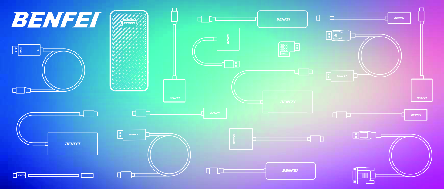 Benfei brand product diagram on colorful gradient background. Outlines various cable or adapter designs, suggesting connectivity accessories.
