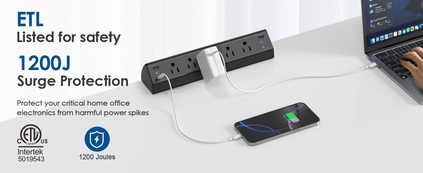 Desk Clamp Power Strip USB C Surge Protector