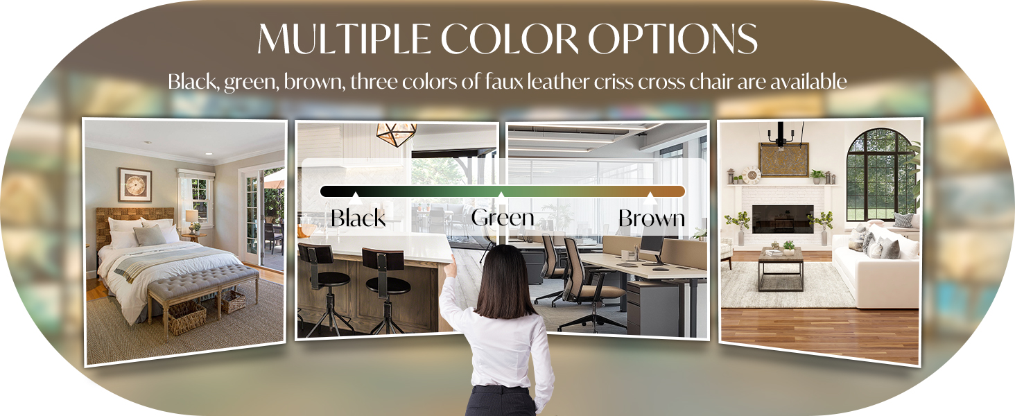 The Criss Cross desk chair is available in brown, green, and black.