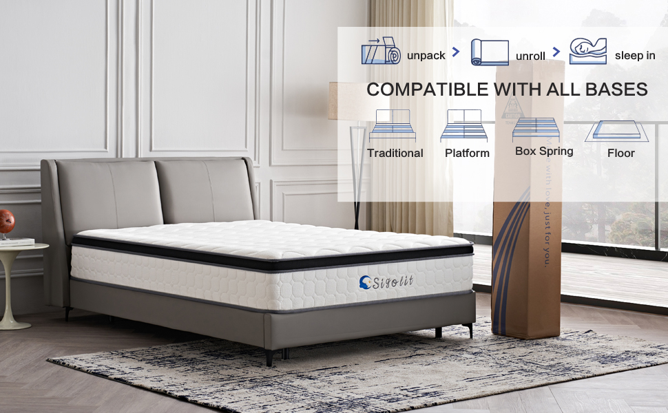 Sigolit mattress setup on platform, box spring & traditional bed bases.