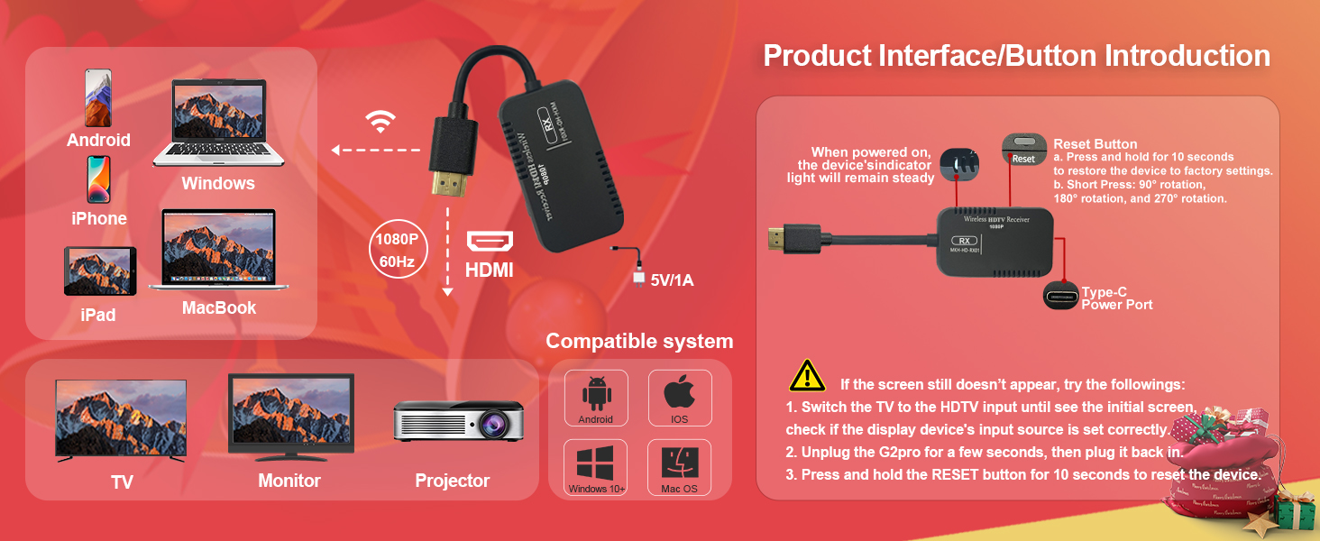 Wireless HDMI Display Dongle Adapter 1080P
