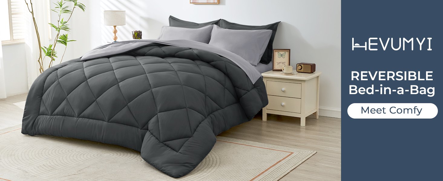 HEVUMYI Comforter Set 7 Pieces, All Season Reversible Bed in a Bag Queen
